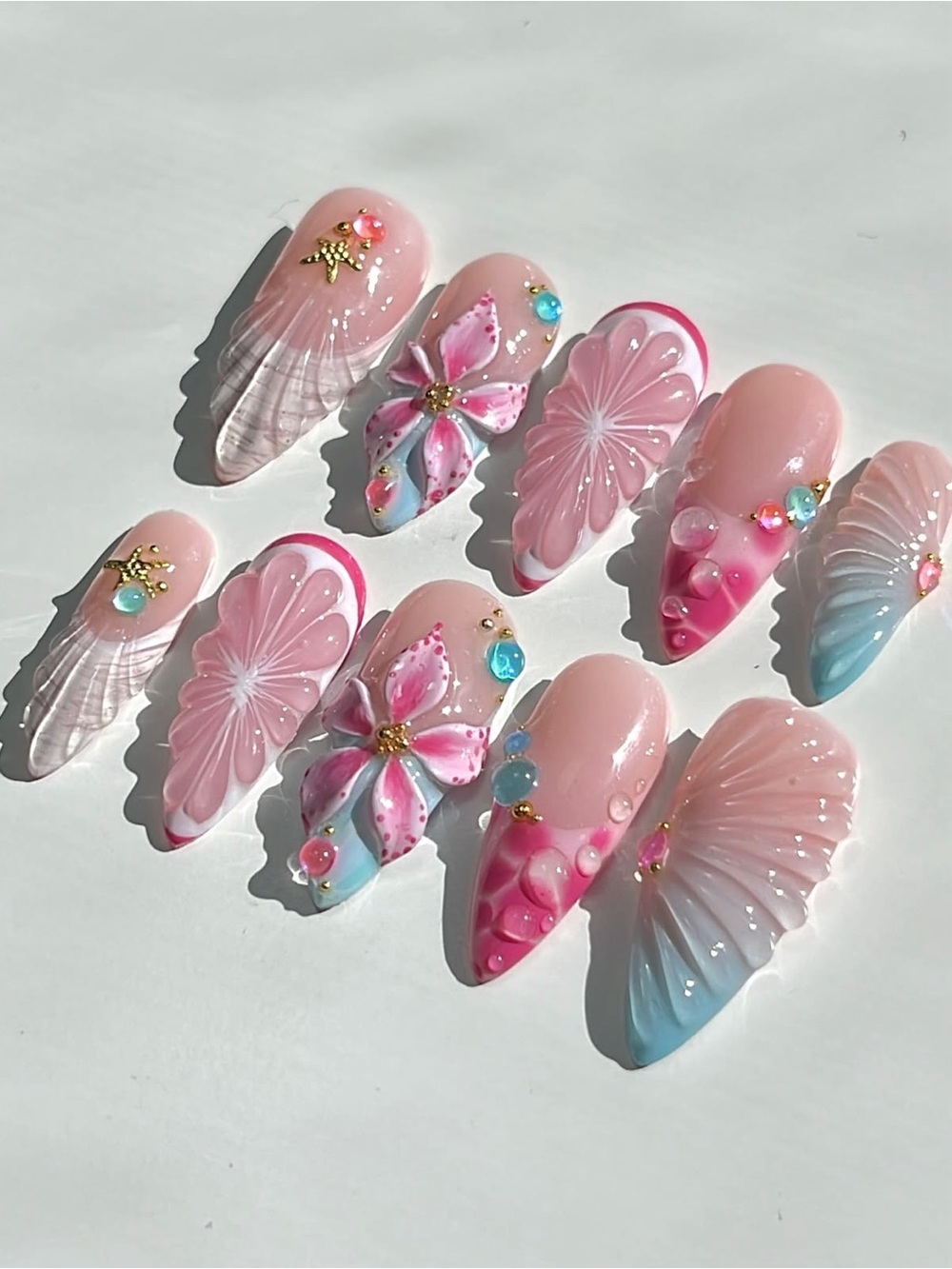 Handcrafted Pink Floral 3D Press-On Nail Set with Pastel Accents